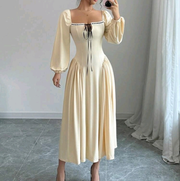 Long Square Neck Front Center Ribbon Decor Princess Seam Design Long Sleeve Maxi - Picture 1 of 6